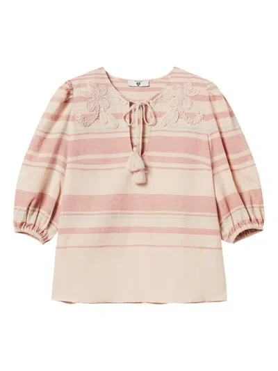 Twinset Striped Embroidered Blouse In Neutrals