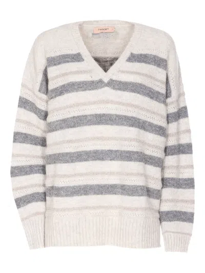 Twinset Twin-set Grey Striped V Neck Sweater In Gray