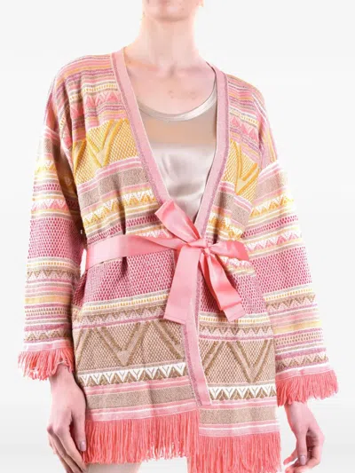 Twinset Striped Fringe-trim Cardigan In Animal Print