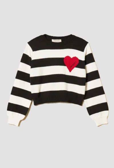 Twinset Kids' Striped Knit With Black-white Baby Heart In Multi