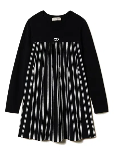 Twinset Kids' Striped Knitted Dress In Black