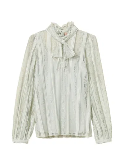 Twinset Striped Lace Bow Blouse In White