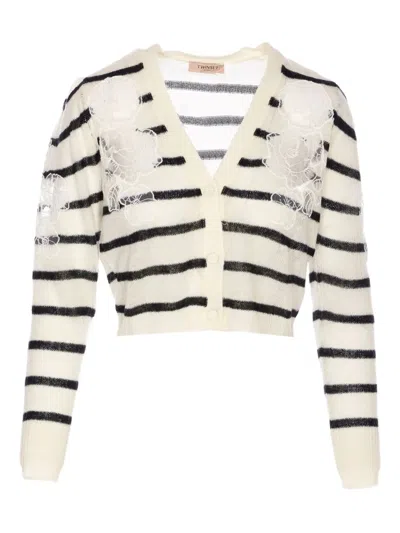 TWINSET STRIPED LACE-DETAIL CARDIGAN