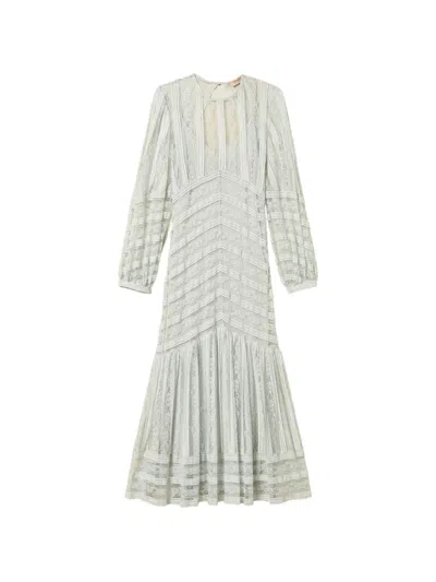 Twinset Striped Laced Midi Dress In Neutral
