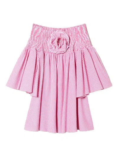 Twinset Kids' Striped Poplin Short Dress In Pink