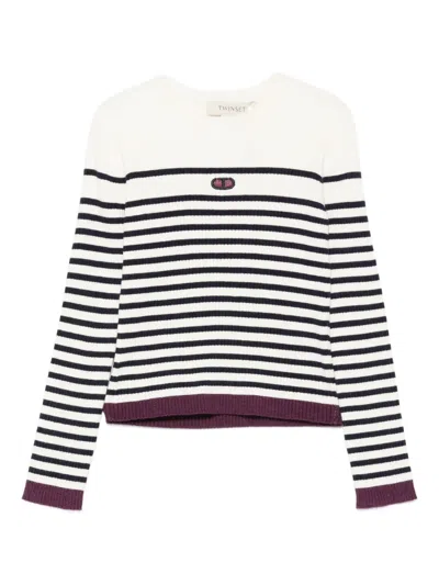 Twinset Kids' Striped Ribbed Sweater In White