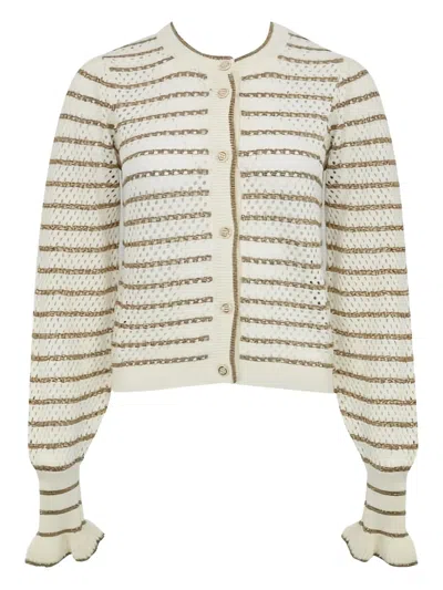 Twinset Striped Ruffled Cardigan In Neutral