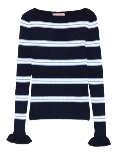 Twinset Striped Ruffled Top In Blue