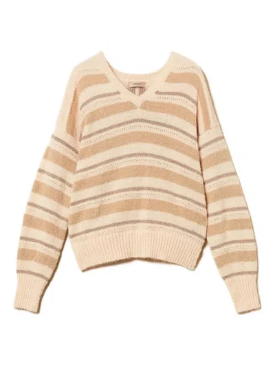 Twinset Striped V-neck Sweater In Neutral