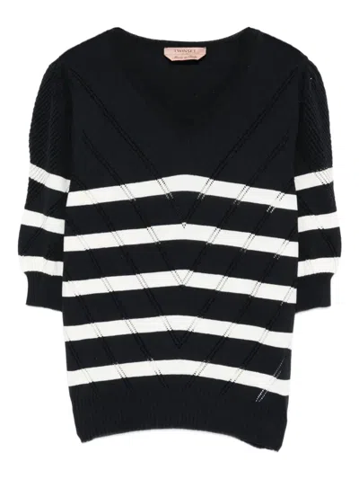 Twinset Striped V-neck Top In Black