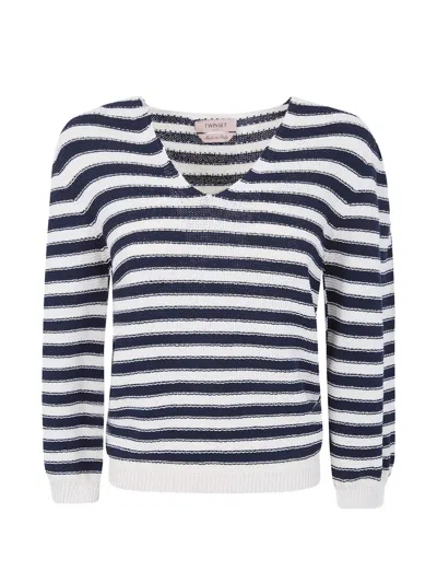 Twinset Striped V-neck Knitwear In Blue