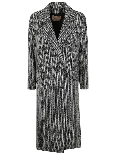 Twinset Grey Double-breasted Coat With With Fishbone Motif In Wool Blend Woman In Multi