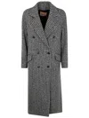 Twinset Grey Double-breasted Coat With With Fishbone Motif In Wool Blend Woman In Snow Black