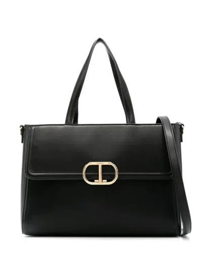 Twinset Structured Black Tote Bag With Gold-tone Clasp