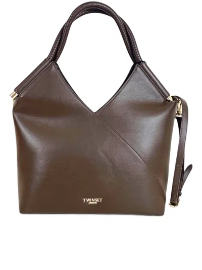 Twinset Structured Brown Polyurethane Tote Bag With Textured Handles