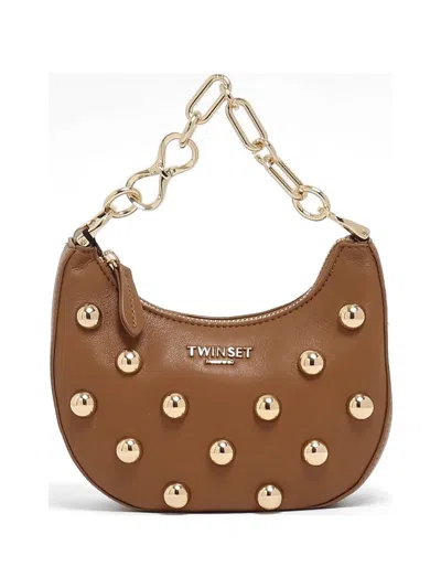 Twinset Stud-embellished Leather Clutch Bag In Brown