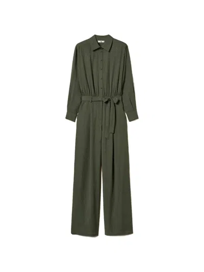 Twinset Stud-embellished Twill Jumpsuit In Green