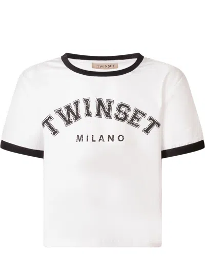 Twinset Twin-set Stylish T-shirt With Stampaint Logo In Off White/nero