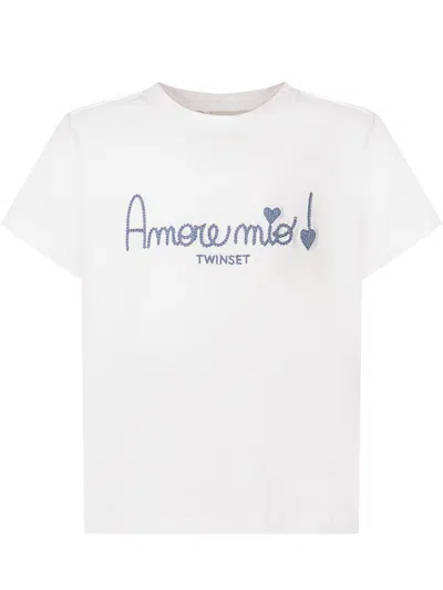 Twinset Twin-set Stylish T-shirt With Unique Print And Embroidery In Azzurro Chambray/off White