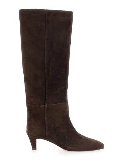 Twinset Suede Pointed Toe Knee-high Boots With Mid Heel In Brown