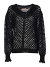 Twinset Open-knit Ruffled-cuff Sweater In Black