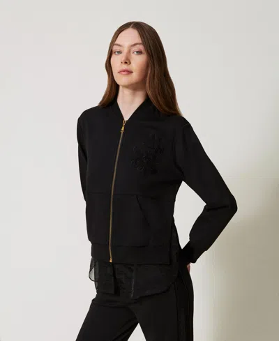 Twinset Sweat-shirt Avec Broderie Et Empiècement En Organza In Black