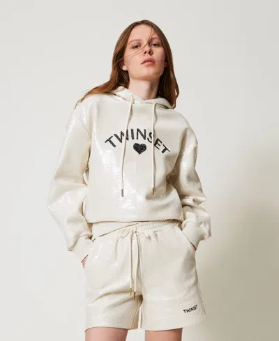 Twinset Sweat-shirt Avec Sequins All-over Et Capuche In White