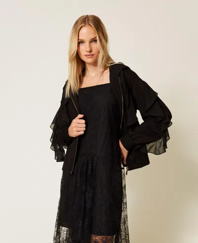 Twinset Sweat-shirt Avec Volants En Crêpe Georgette In Black