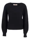 Twinset Black Sweater With Embroidered Collar And Elastic Cuffs In Wool And Cotton Woman In Black