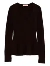 Twinset Fitted Ribbed Knit Sweater With Deep V-neckline In Brown