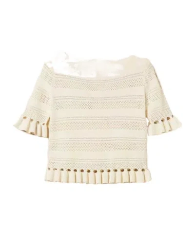 Twinset White Sweater With Ruched Trims And Perforated Design In Wool Blend Woman In Neutral