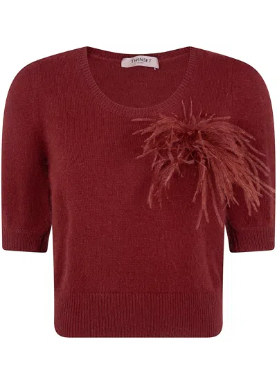 Twinset Sweater Short Sleeves "round Neck With Feathers" In Brown