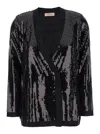 Twinset Black Double-breasted Cardigan With Sequins All-over In Technical Fabric Woman In Black