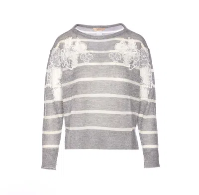 Twinset Striped-pattern Lace-embellished Sweater In Gray