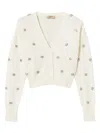 Twinset Cropped Cardigan With Fluffy Texture And Sparkling Embellishments In Neutral