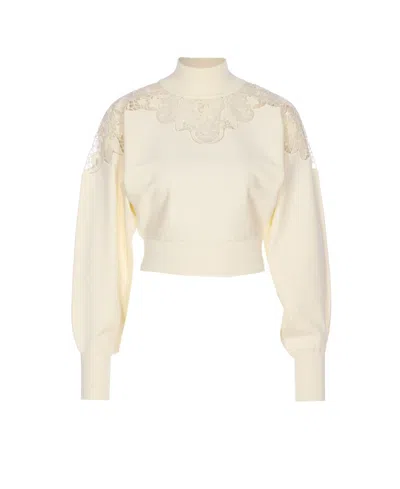 Twinset Lace-insert High-neck Sweater In Neutral