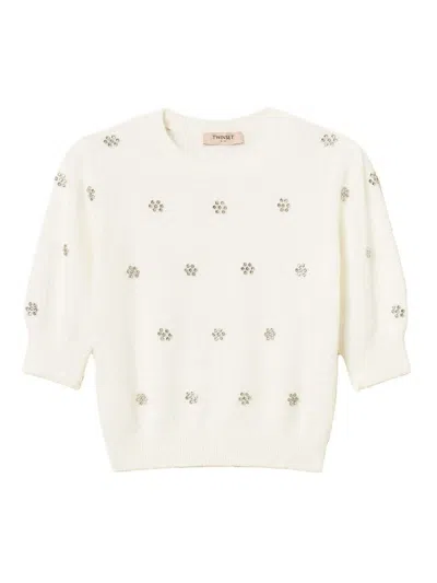 TWINSET TWINSET SHORT-SLEEVED SWEATER WITH RHINESTONE DECORATIONS