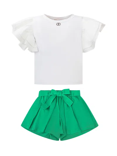 Twinset Kids' T-shirt And Shorts Set In Bic.lucent White/quadrifoglio