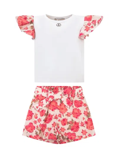 Twinset Kids' T-shirt And Shorts Set In Fiori Camelie Rose