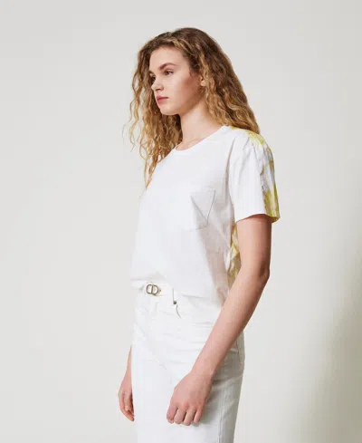 Twinset T-shirt Avec Mousseline Et Roses Imprimées In Neutral