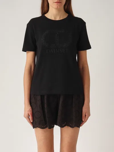 Twinset T-shirt Con Oval-t Ricamato T-shirt In Black