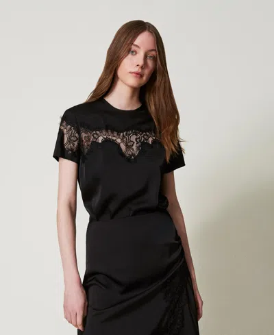 Twinset T-shirt En Satin Avec Dentelle In Black