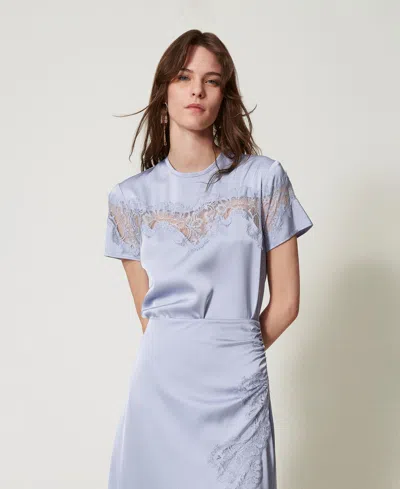 Twinset Satin T-shirt With Lace In Blue