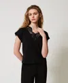 Twinset T-shirt Kimono Avec Dentelle In Black