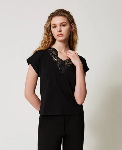 Twinset T-shirt Kimono Avec Dentelle In Black