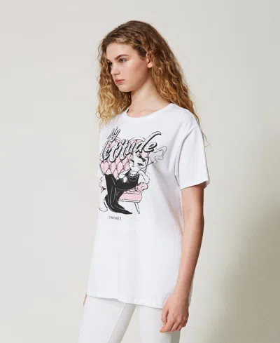 Twinset T-shirt Oversize Avec Imprimé Et Strass In White