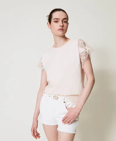 Twinset T-shirt Regular Avec Dentelle In Pink