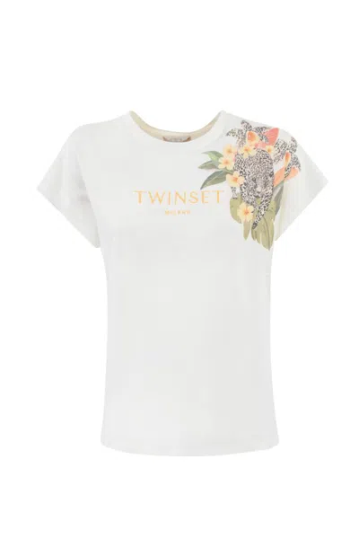 Twinset T-shirt With Logo And Floral Print In Bianco Ottico