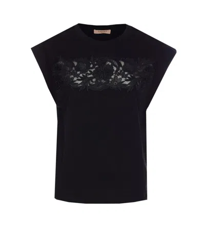 Twinset Floral-embellished Cotton T-shirt In Black