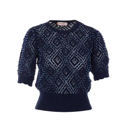 Twinset Embellished Short-sleeved Knitted Sweater In Black